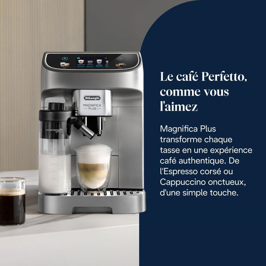 CaffeMatic Magnifica Plus - Perfetto Machine à Café Automatique avec LatteCrema Mousseur à Lait Automatique, Argent et Noir