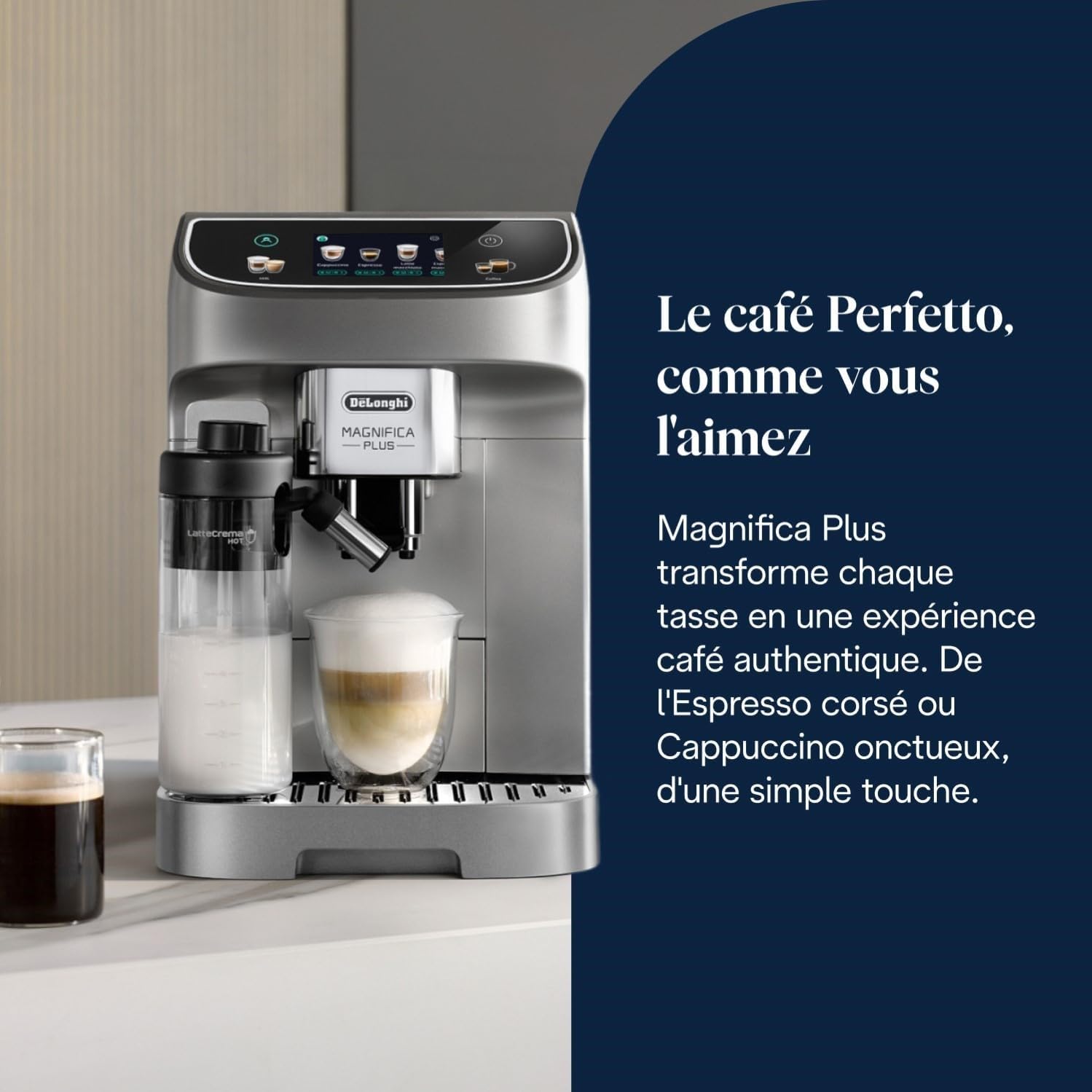 CaffeMatic Magnifica Plus - Perfetto Machine à Café Automatique avec LatteCrema Mousseur à Lait Automatique, Argent et Noir