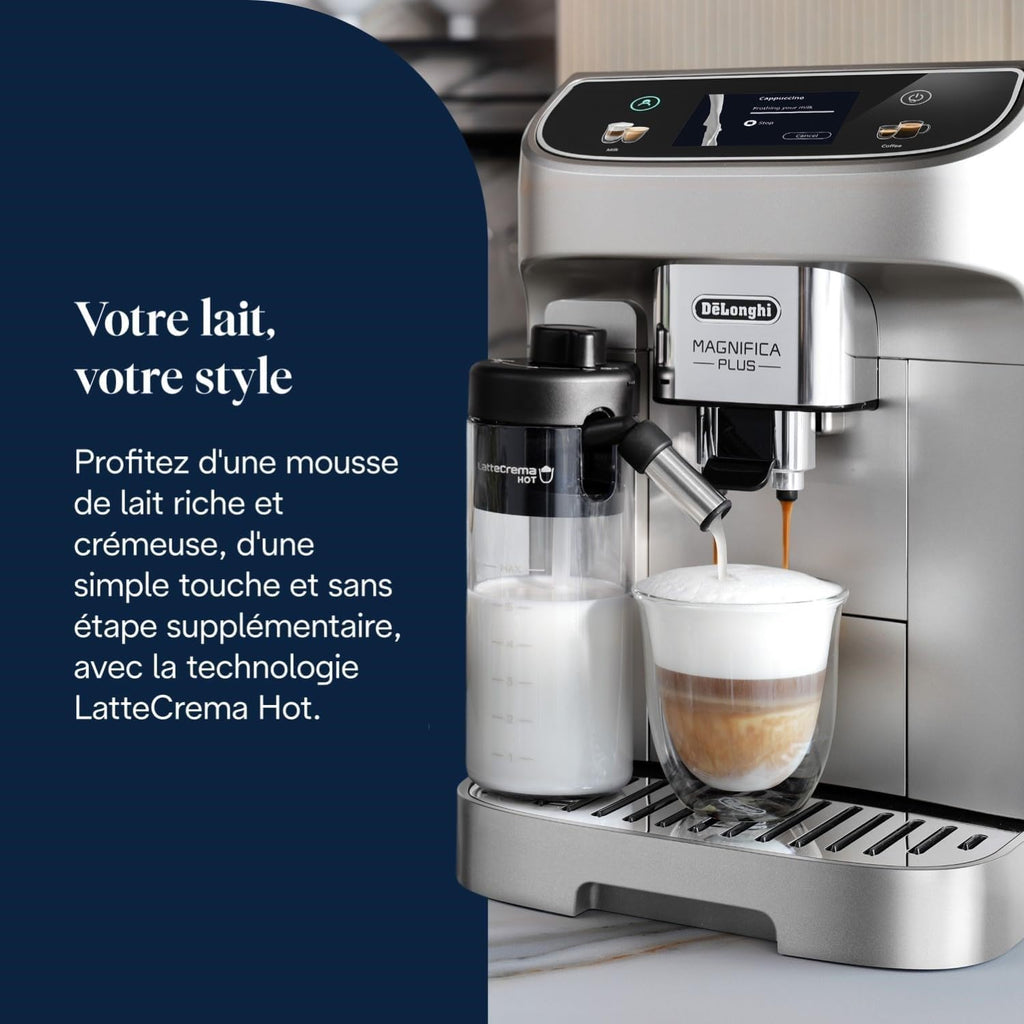 CaffeMatic Magnifica Plus - Perfetto Machine à Café Automatique avec LatteCrema Mousseur à Lait Automatique, Argent et Noir