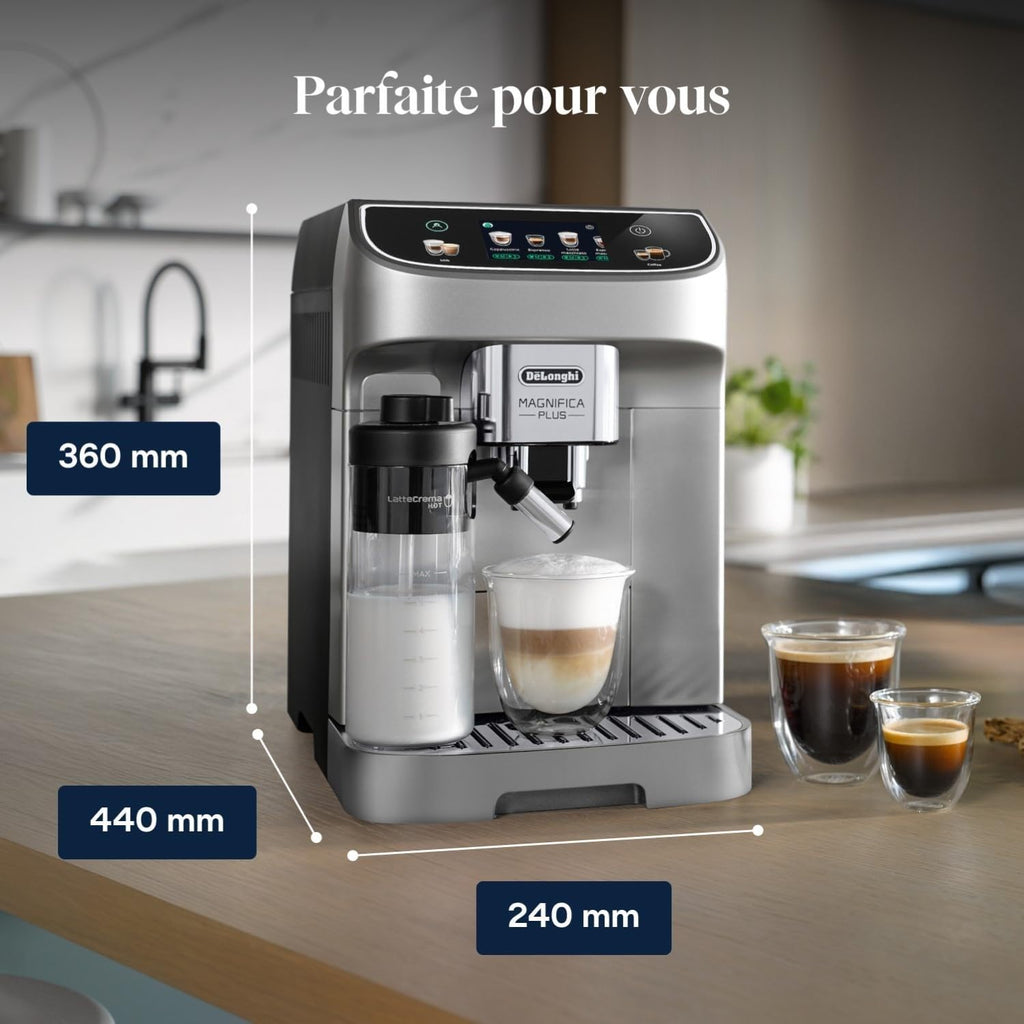 CaffeMatic Magnifica Plus - Perfetto Machine à Café Automatique avec LatteCrema Mousseur à Lait Automatique, Argent et Noir