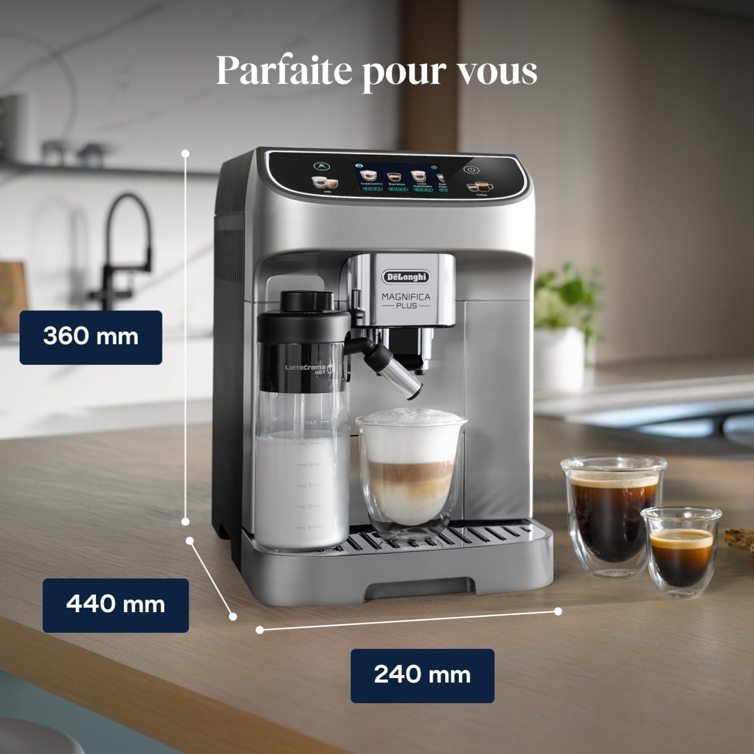 CaffeMatic Magnifica Plus - Perfetto Machine à Café Automatique avec LatteCrema Mousseur à Lait Automatique, Argent et Noir