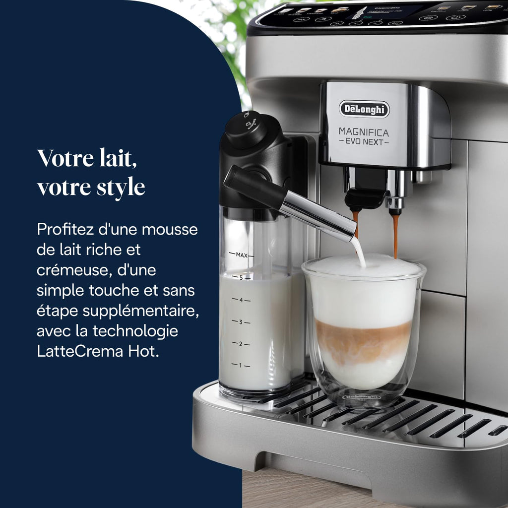 CaffeMatic Magnifica Evo Next - Perfetto Machine à Café Automatique avec LatteCrema Mousseur, Argent et Noir