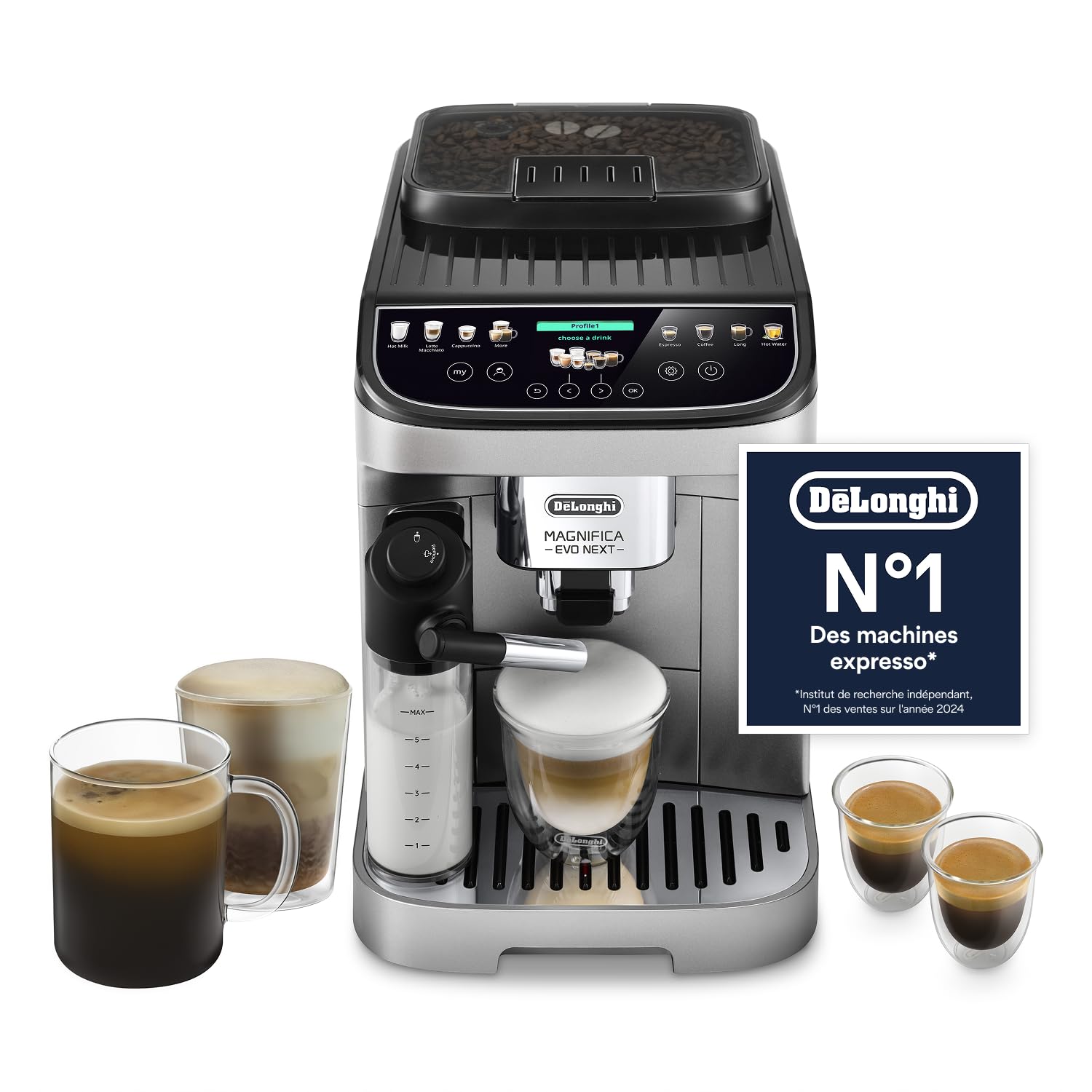CaffeMatic Magnifica Evo Next - Perfetto Machine à Café Automatique avec LatteCrema Mousseur, Argent et Noir