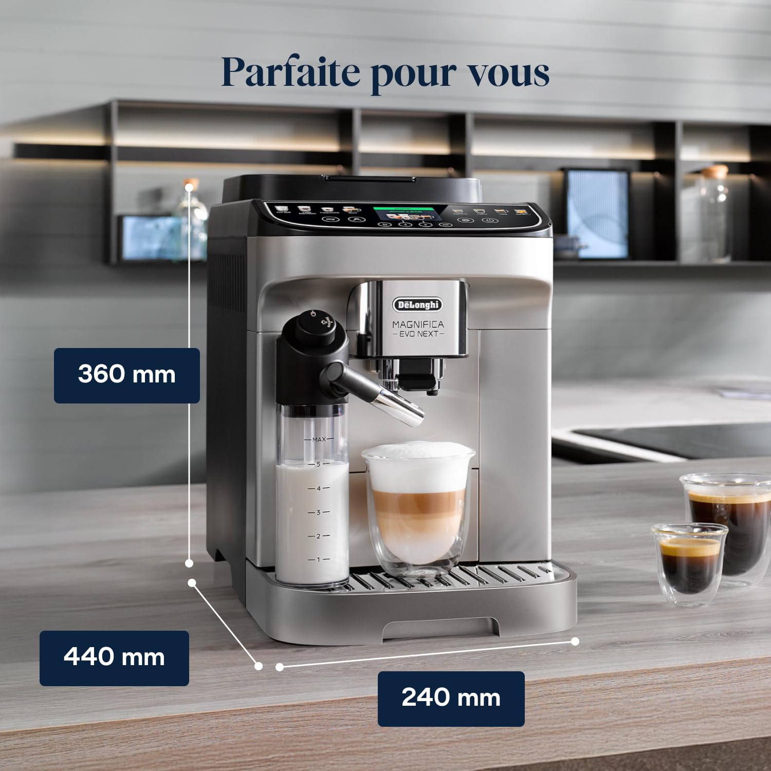 CaffeMatic Magnifica Evo Next - Perfetto Machine à Café Automatique avec LatteCrema Mousseur, Argent et Noir